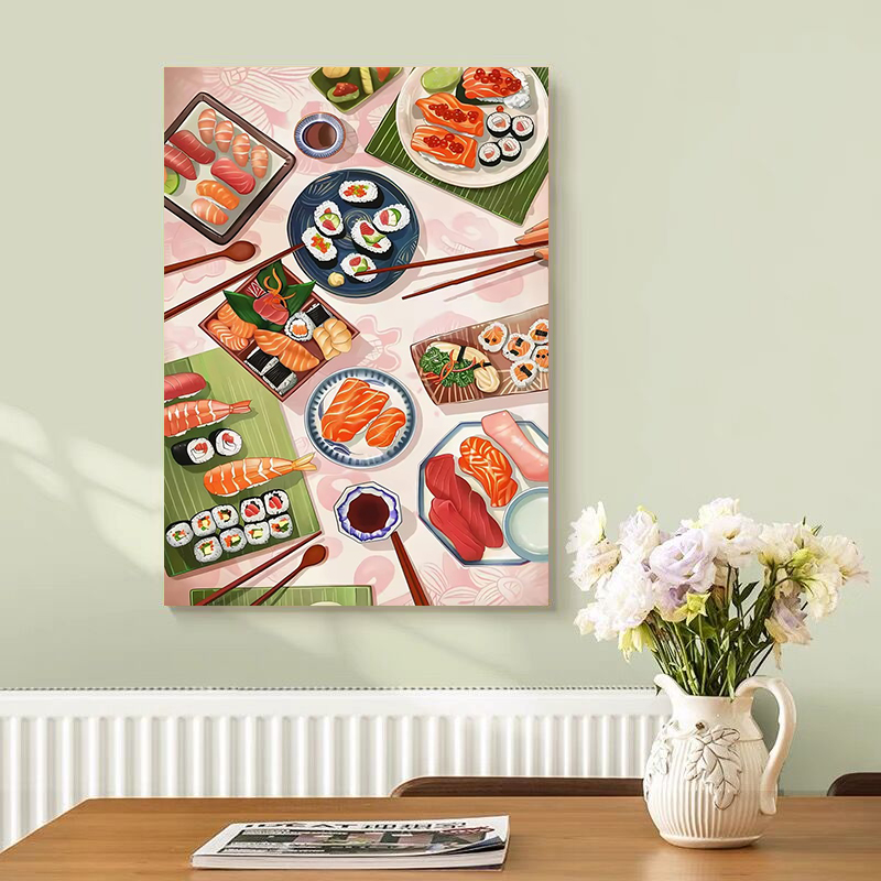 Japanese Restaurant Lifestyle - Poster Sushi Salmon Cetakan Lukisan Kanvas
