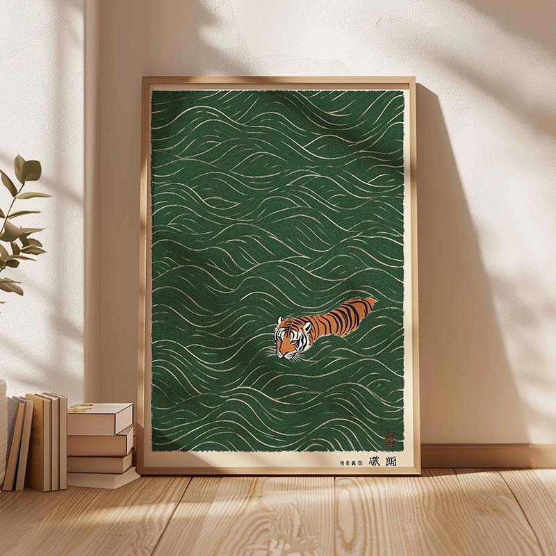 Japanese Minimalist Lifestyle - Poster Renang Harimau Jepang Lukisan Kanvas